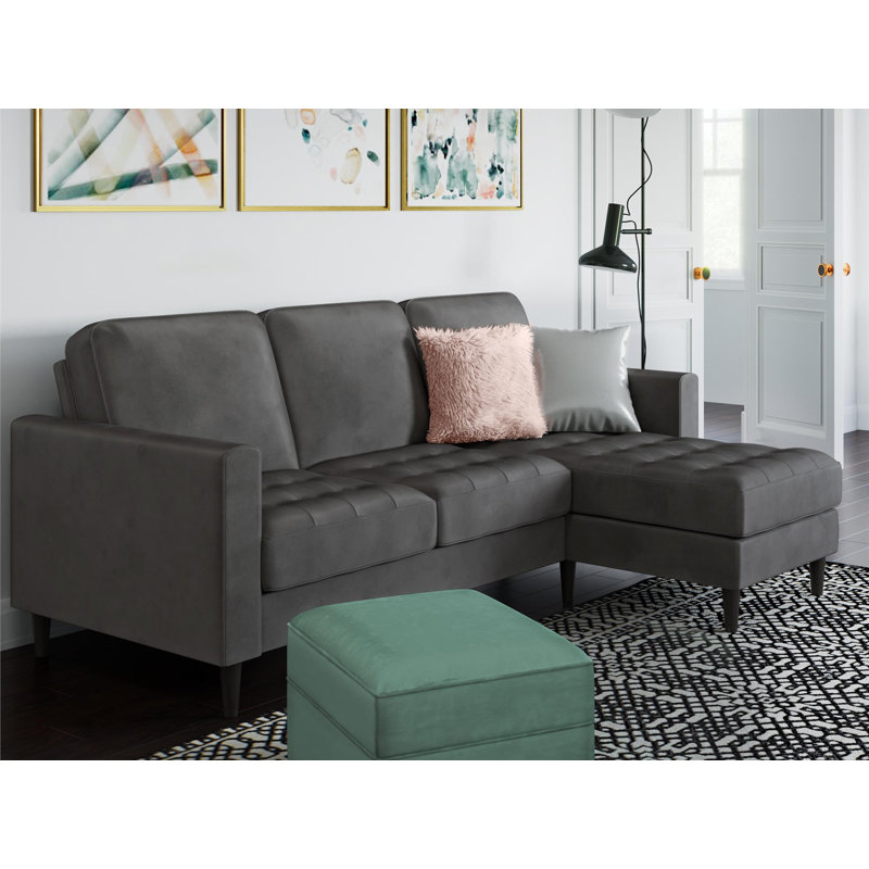 3 Seater Velvet Sofa & Chaise, Charcoal Grey