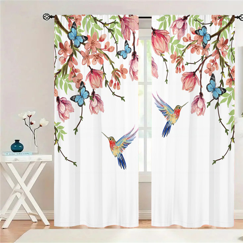 2Pcs Hummingbird Butterfly Floral Sheer Curtains Watercolor Print Window Drapes Colorful Birds Garden Theme Rod Pocket Light Filtering Panel for Living Room Bedroom Kitchen Dining Home Decor