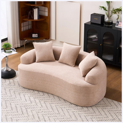 Warm Beige Curved Modern Compression Loveseat Sofa with 3 Throw Pillows, No Assembly Required