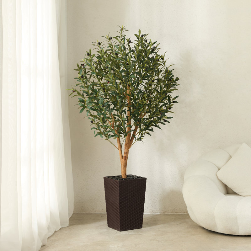 Adcock Artificial Olive Tree with Decorative Pot, UV Resistant Faux Olive Tree with Natural Trunk, Brown