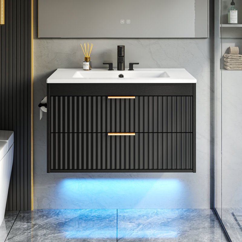 Meuble-lavabo flottant à DEL 30 po avec lavabo, tiroirs à fermeture en douceur et porte-serviettes, Black