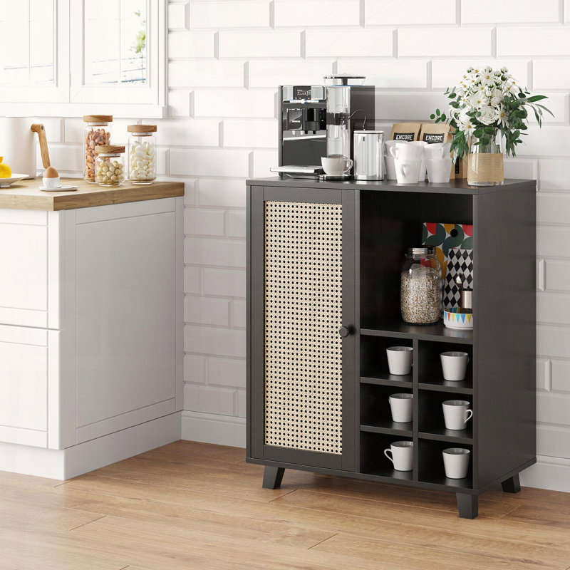 34 Inch Rattan Wine Bar Cabinet, Black