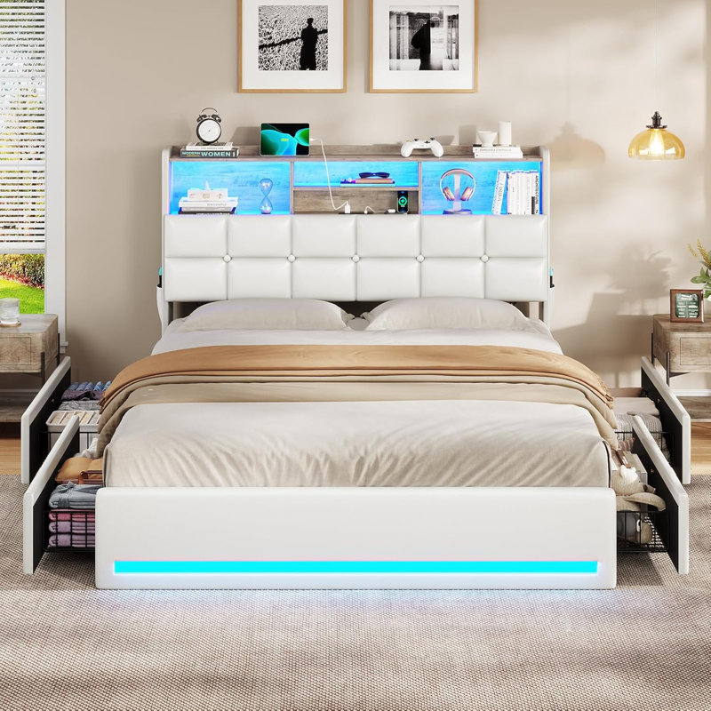 Lit plateforme avec rangement à DEL avec station de charge, Blanc, Double