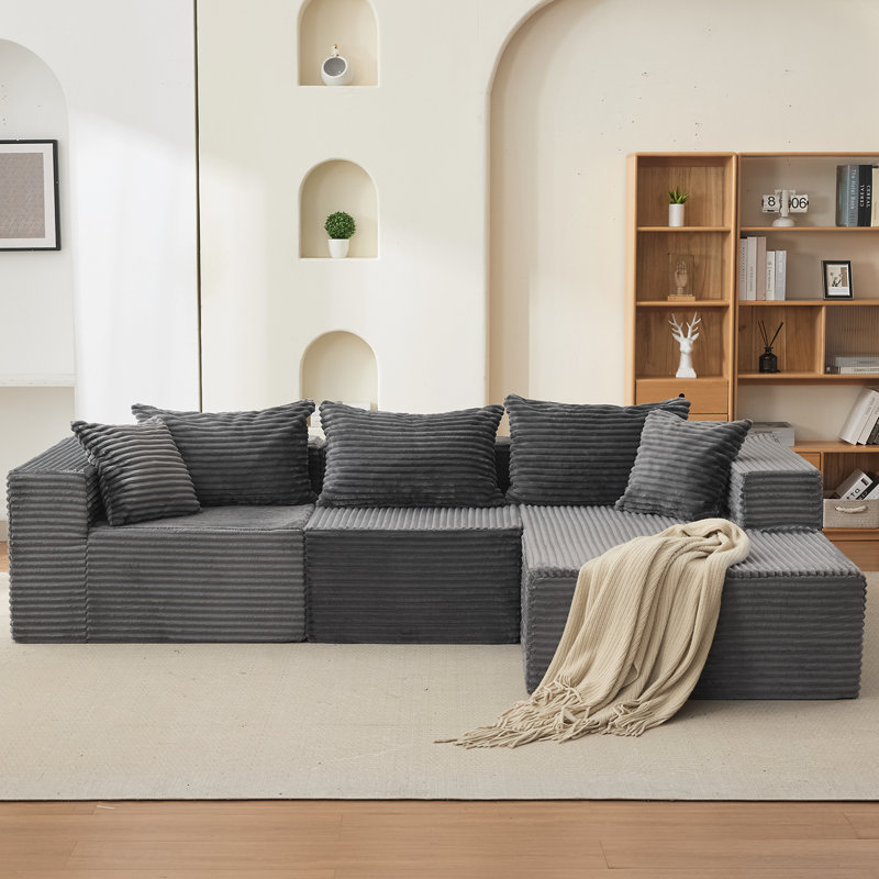 Modular Cloud Sofa, Grey L-Shaped Sectional Sofa with Moveable Chaise, Deep Seat Corduroy Corner Sofa, No Assembly Lounge Couch for Living Room or Flat
