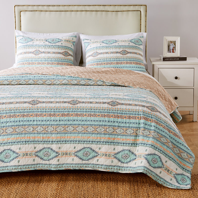 King Size Blue Southwestern Reversible Microfiber Quilt Set