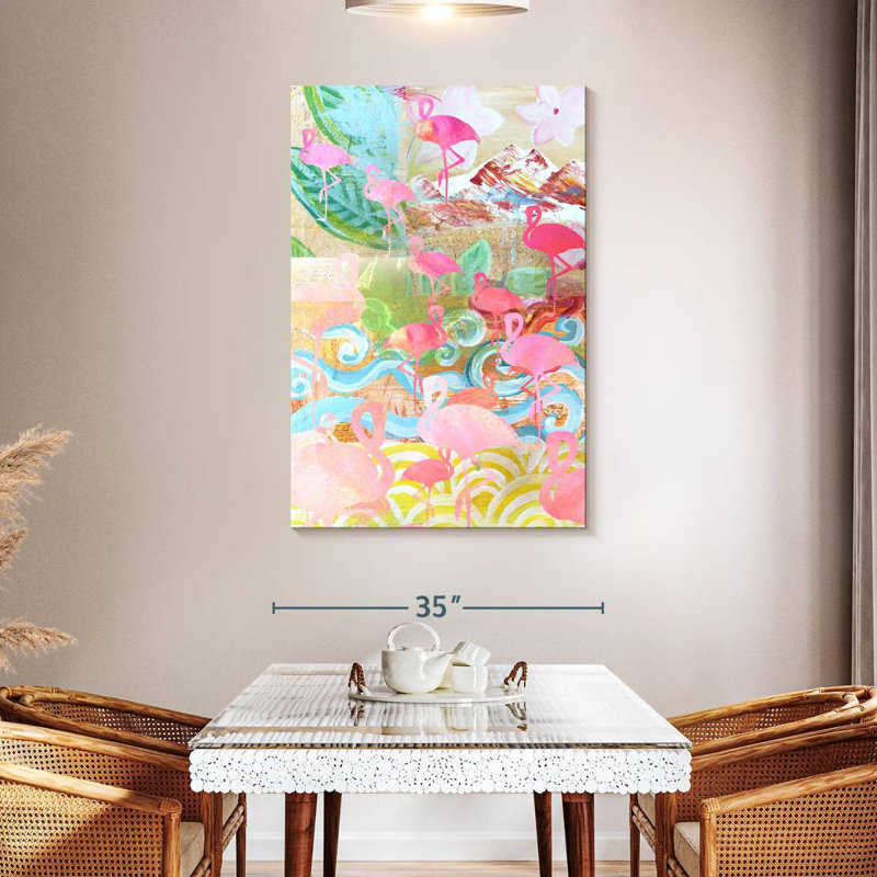 Flamant rose collage, H 48 po x l 32 po