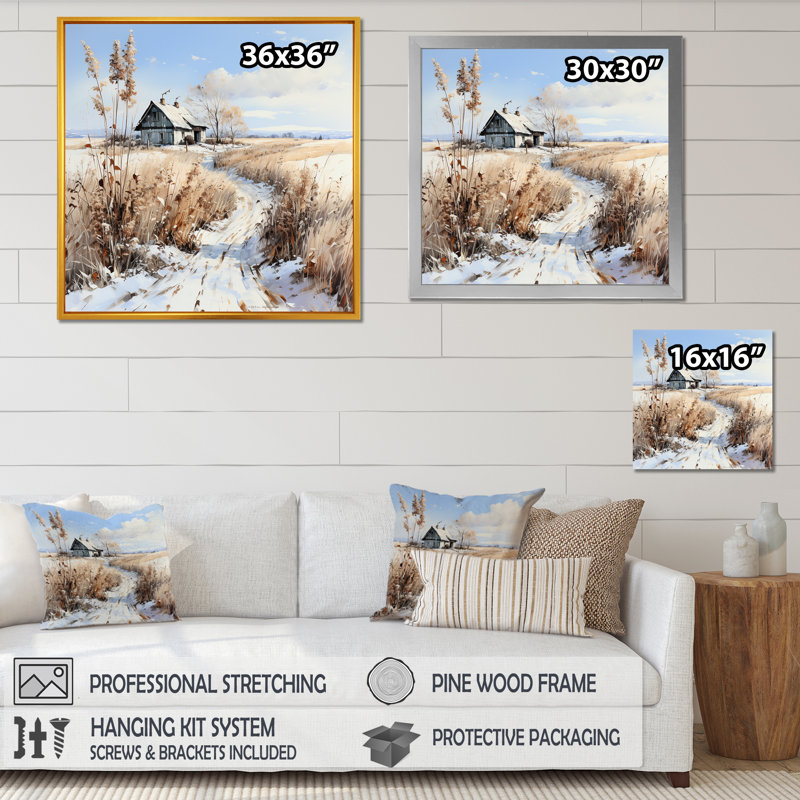 Reproduction d'art sur toile, "Prairies Charm In Winter Delight", Encadrement doré, H 36 po x l 36 po