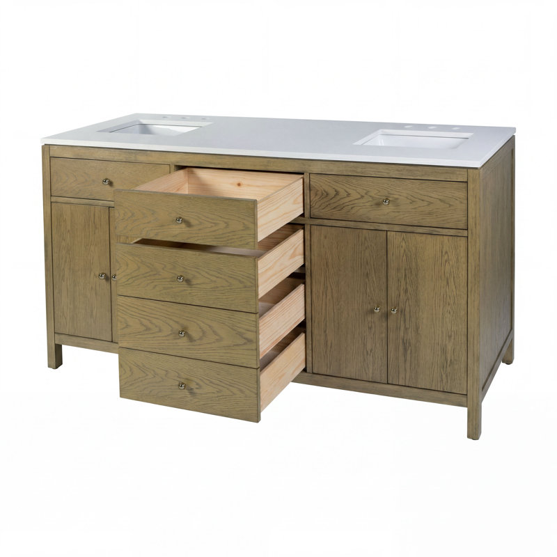 Meuble-lavabo double 72 po avec plateau en quartz Celine, chêne clair, Chêne clair
