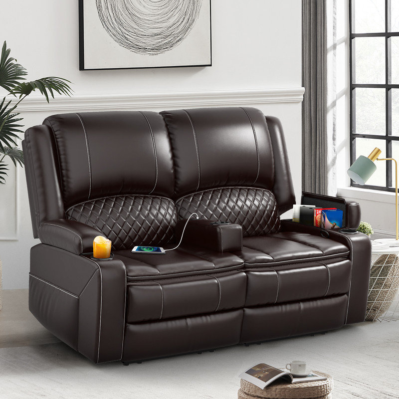 Loveseat Recliner, Manual Reclining Loveseat With Removable Armrest, Faux Leather Recliner Chair For Adults With 2-Tier Cushions, USB Charging Ports, Cup Holders