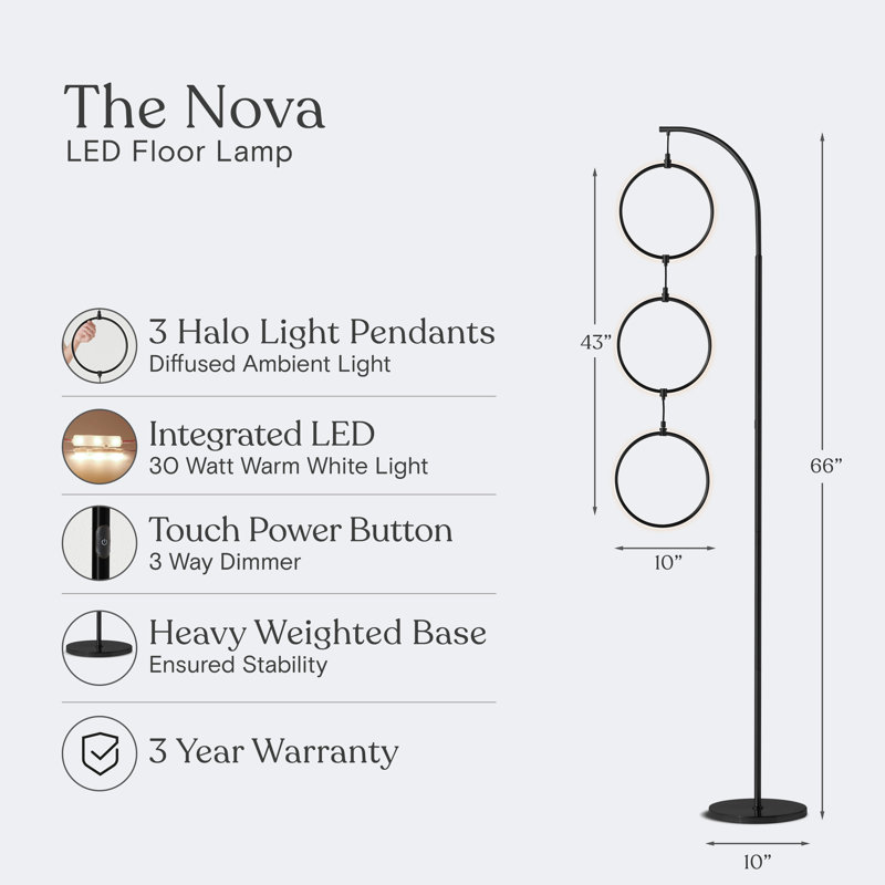 Nova 74" Black LED Arc Floor Lamp with 3 Rings