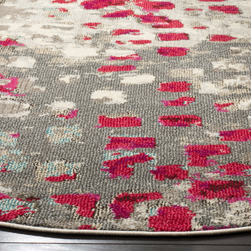 Hertzler Abstract Area Rug, Round 6'7", Grey/Fuchsia