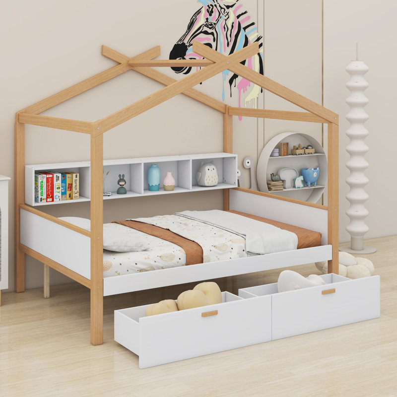 Lit en bois avec tiroirs et bibliothèque
