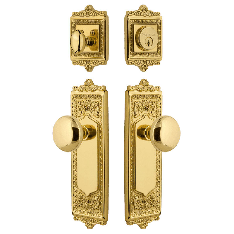 Nostalgic Warehouse Egg & Dart Entry Set with Porcelain Knob, 2.75, Polished Brass
