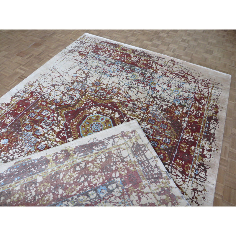 Tapis à main one-of-kind-noué la rouge/brun/ivoire 8 pi 10 po x 11 pi 11" zone rectangulaire Doyle