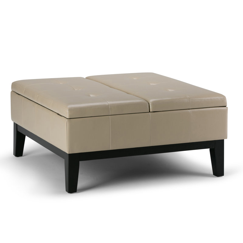 Dover 36"W Upholstered Vegan Leather Contemporary Square Coffee Table Storage Ottoman with Split Lift-Top, Satin Cream