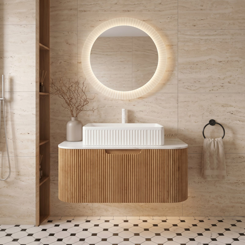 30 in. W × 18 in. D × 34 in. H Single Sink Wall Mounted Floating Bath Vanity in Natural Woodgrain with Rectangular White Ceramic Vessel Sink and Carrara White Sintered Stone Top, Pre-assembled Striped Curved Edge Storage Cabinet