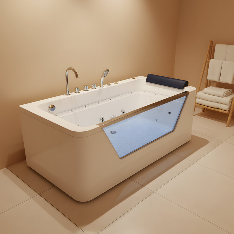 Baignoire à jets de 67 po, 7 jets, 89 gallons, blanc, angle confortable de 750 W de long, hydromassage, siège, panneau en verre trempé