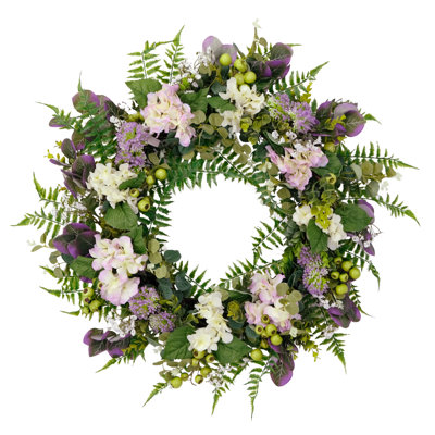 Couronne de porte 30 po à motif floral d'hortensia artificiel, vert / mauve