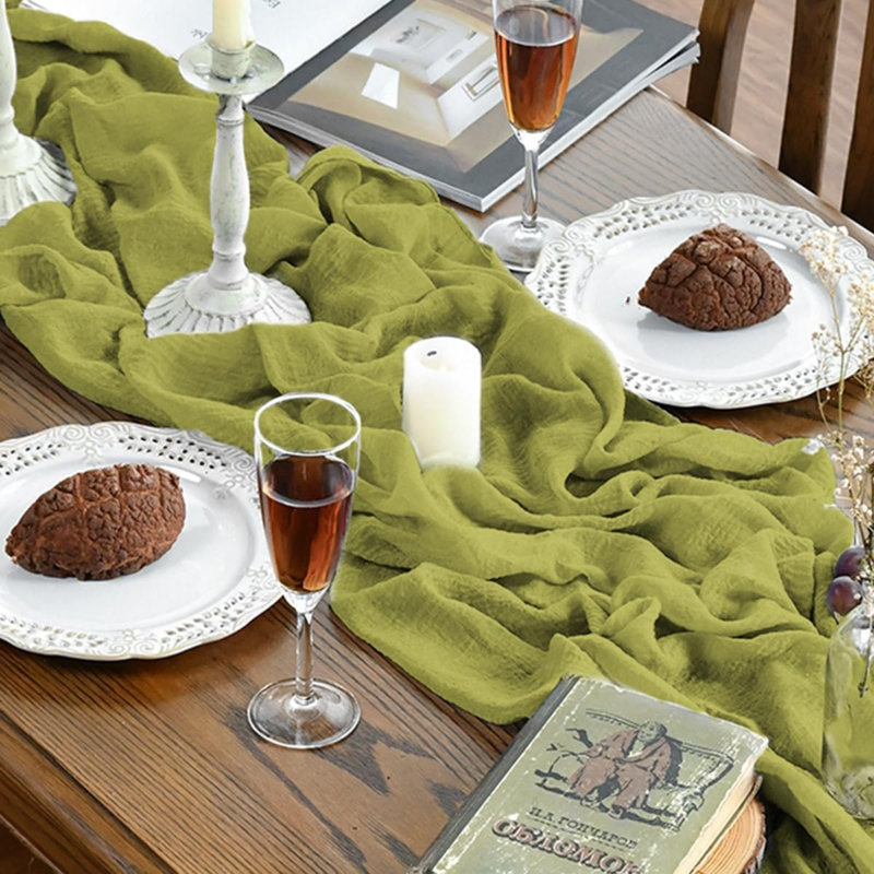 Grass Green Boho Gauze Wedding Cheesecloth Table Runner 300 cm | Seasonal Spring Bridal Fabric Kitchen Dining Holiday Table Decor for Home Party