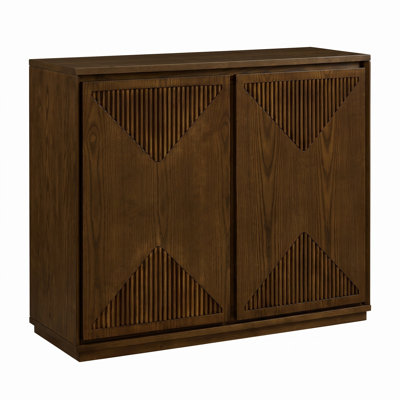 Mid-Century Modern Fluted Storage Cabinet with V-Shape Doors, Dark Walnut Buffet Cabinet with Solid Wood Veneer, Narrow Coffee Bar Cabinet for Living Room, Entryway, Hallway, Kitchen & Dining Room
