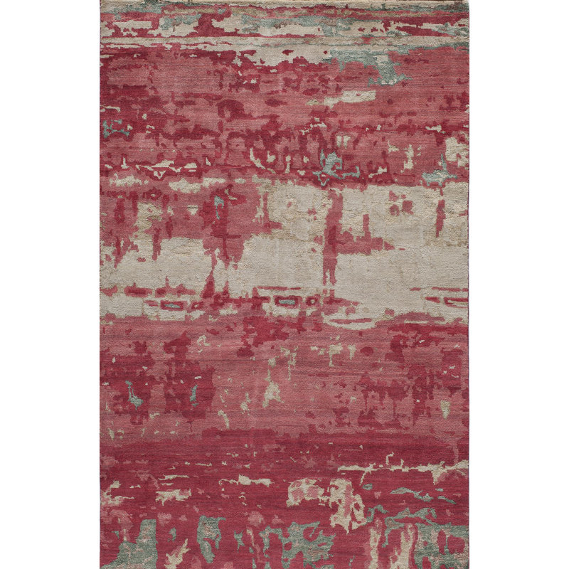 Tapis rouge / gris en laine noué à la main Gracie-Jane, Rectangle 3 pi 6 po x 5 pi 6 po