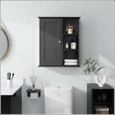Armoire murale de salle de bain améliorée au-dessus de la toilette, rangement en bois avec charnières à fermeture douce et fabrication en panneau de fibres à densité moyenne durable