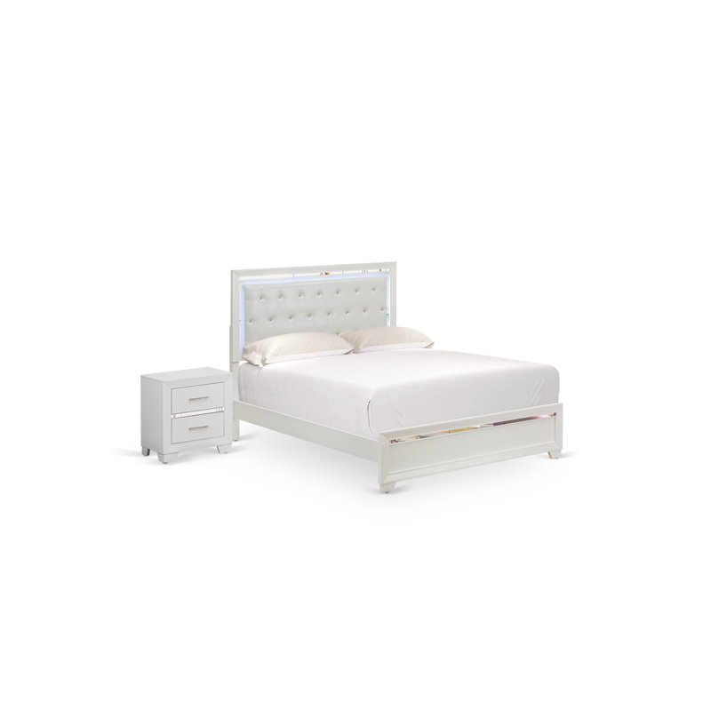 Ensemble de chambre pour grand lit en bois 2 pièces avec tête de lit pour grand lit avec éclairage à DEL réglable et 1 table de chevet moderne - Finition blanche