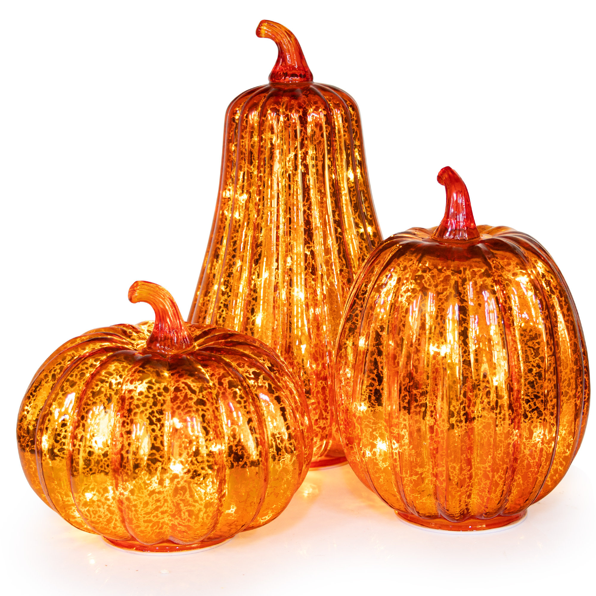 The Holiday Aisle® Set Of 3 Lighted Mercury Glass Pumpkins With Acrylic Stem For Thanksgiving Autumn Fall Harvest Decorations Battery Operated & Reviews | Wayfair