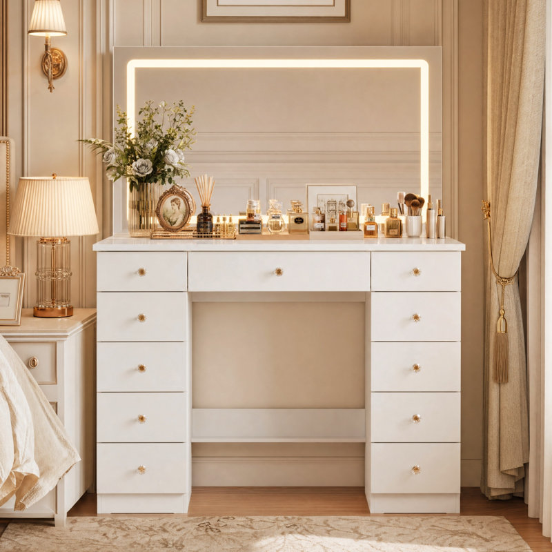 43" W Makeup Vanity with 11 Drawers, 3-Color LED Lighted Mirror & Tempered Glass Top