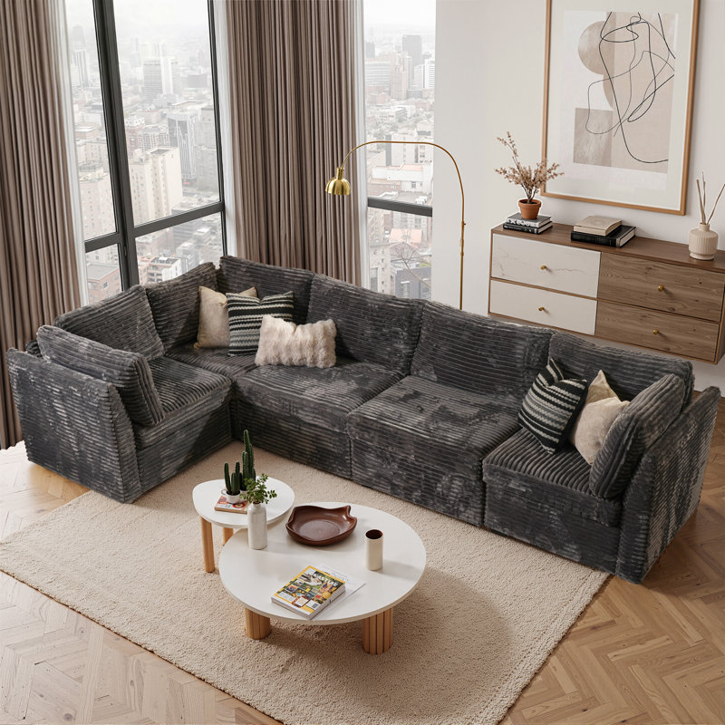 Canapé modulaire en velours côtelé 5 pièces Nathasa, Velours côtelé gris
