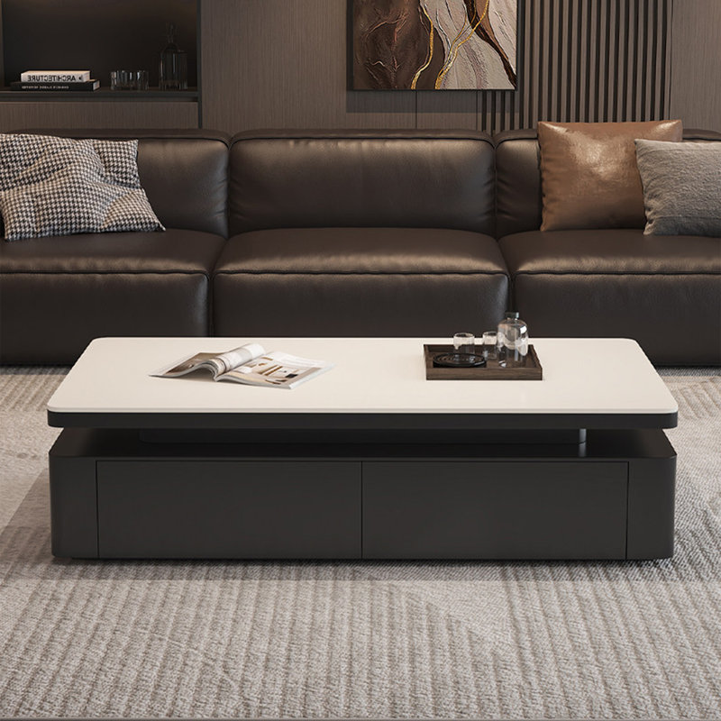 Table basse rectangulaire en granit de style luxueux, H 18,1 po x l 47,2 po x P 23,6 po, Blanc/Noir