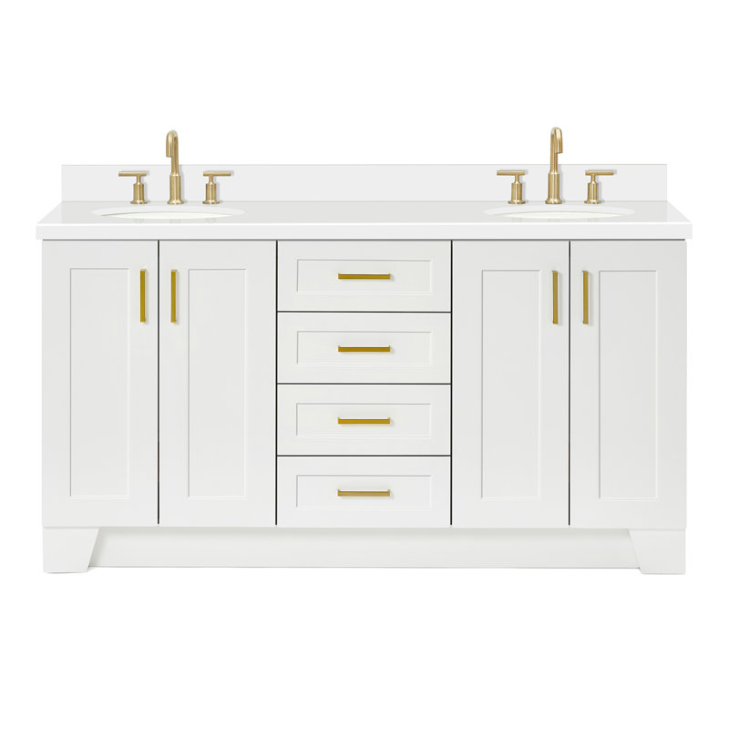 Freitas 67'' Solid Wood Double Bathroom Vanity in White with 1.5'' Pure White Quartz Top, Center, Oval Sink, Oval, White