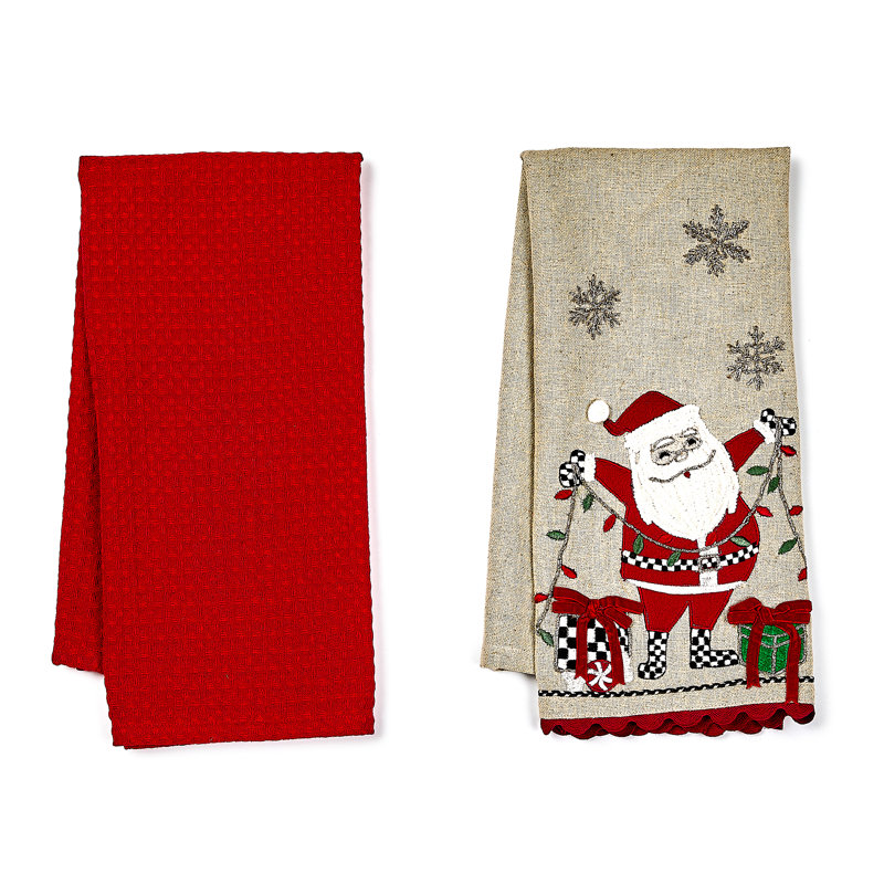 Santa with Tree Lights Embroidered Dish Towels