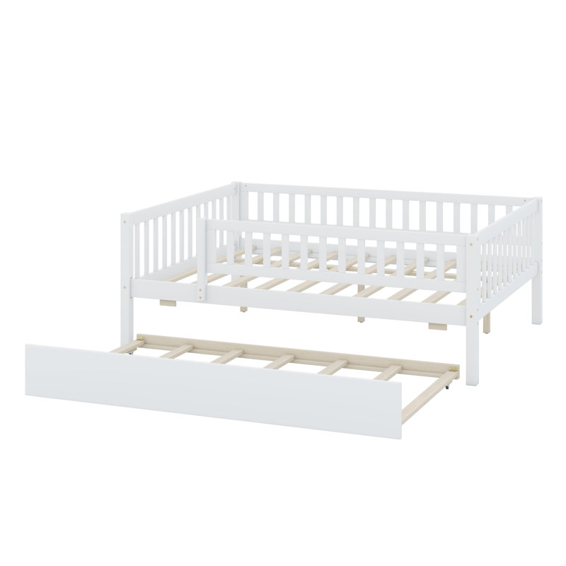 Daybed With Trundle And Fence Guardrails, White