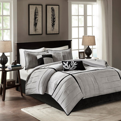 Couette 7 pièces grise - Matière imitation suède, toucher doux, décoration décontractée - Garnissage en suède, luxueux