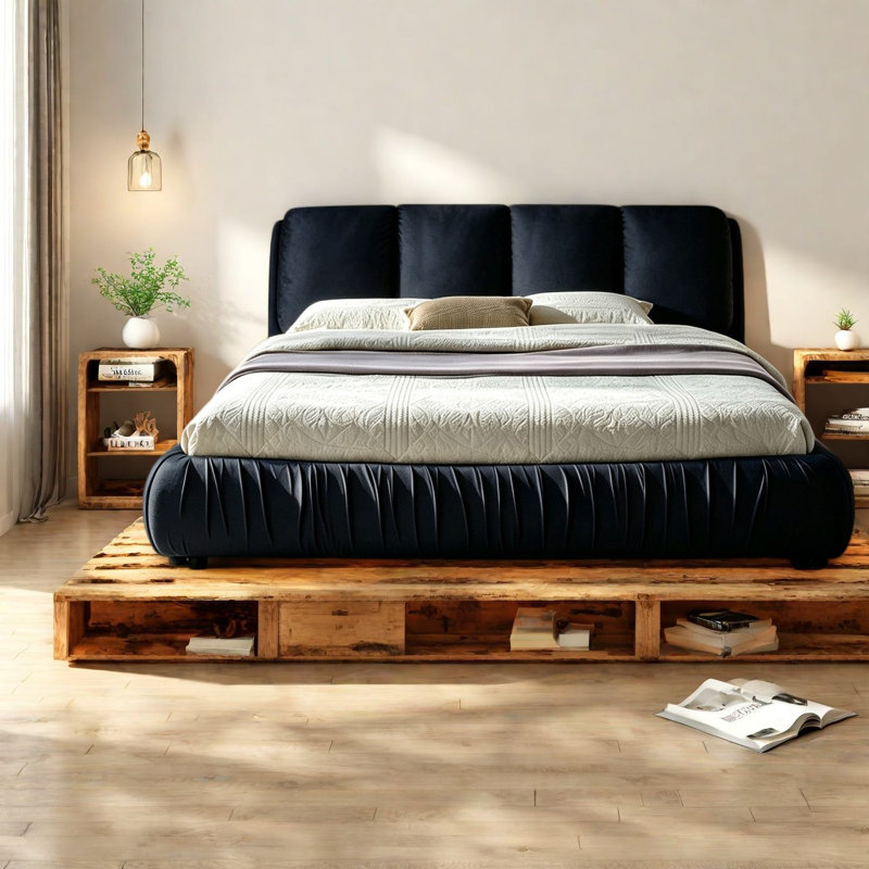 Structure moderne en velours pour grand lit, lattes en bois aggloméré, confort de chambre à coucher spacieux