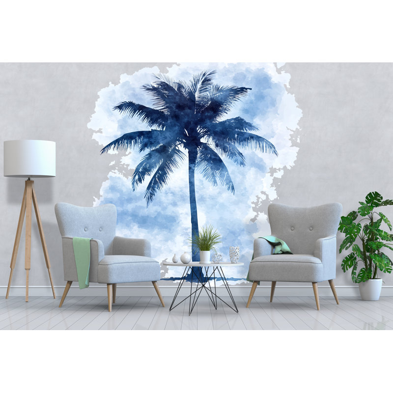 Adhésif décoratif palmier bleu - décor de chambre à coucher tropical, aquarelle côtière, art 018Mv, H 24 po x l 13 po