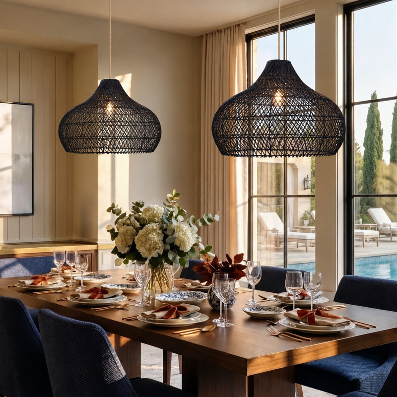 Latigo Rattan Pendant Light - 28" Black Dome Handwoven Adjustable Light Fixture For Kitchen Island or Dining Room in Modern and Farmhouse Style