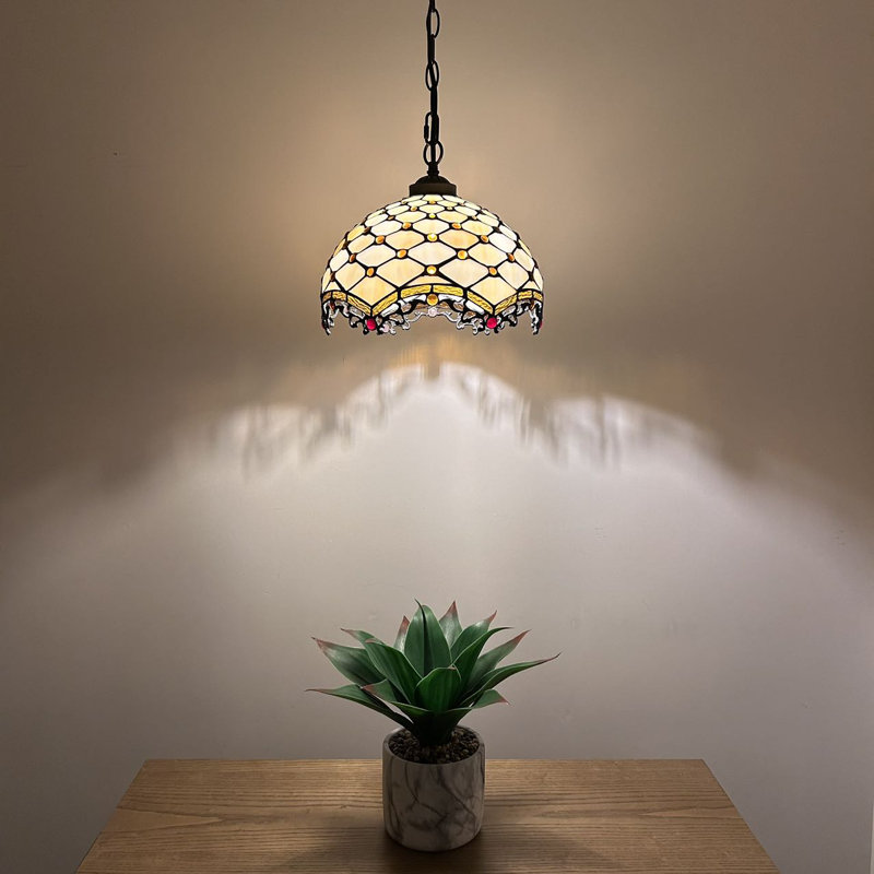 Beige Stained Glass Crystal Bronze Pendant Light with LED Bulb