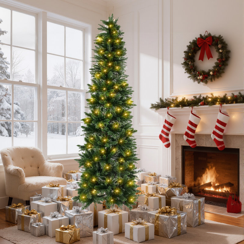 Arbre de Noël pré-éclairé avec lumières incandescentes, vert, H 7,5 pi