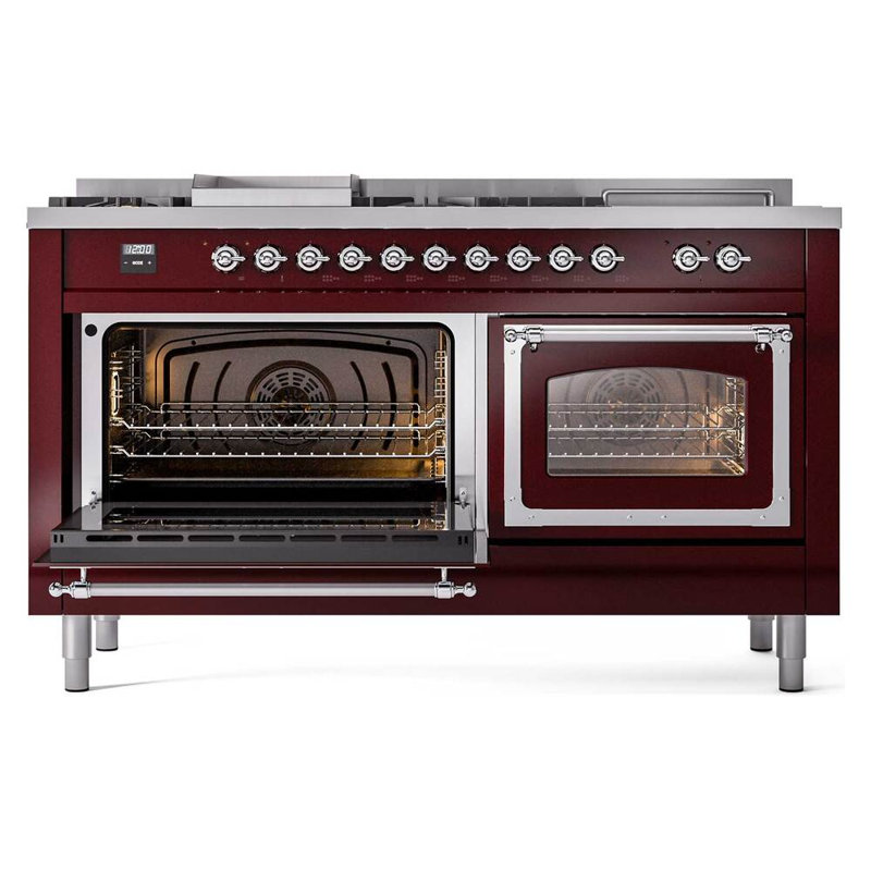 ILVE Nostalgie II Noblesse 60 in Dual Fuel Range 7 Burner, Griddle, Frenchtop, Natural Gas, Burgundy/Chrome