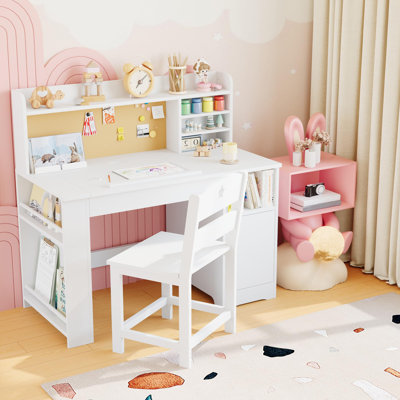 Modern Desk and Chair Set, Multi-Functional Wooden Table and Chair Set with Tiltable Desktop, Hutch and Storage Cabinet for Home