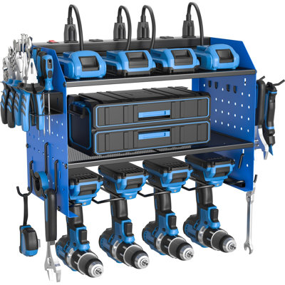 Organisateur d'outils électriques, station de charge murale avec 6 prises, support de tablette de rangement pour porte-outils pour garage, établi et atelier, 4 supports de perceuse et support de forets, 3 couches (bleu)