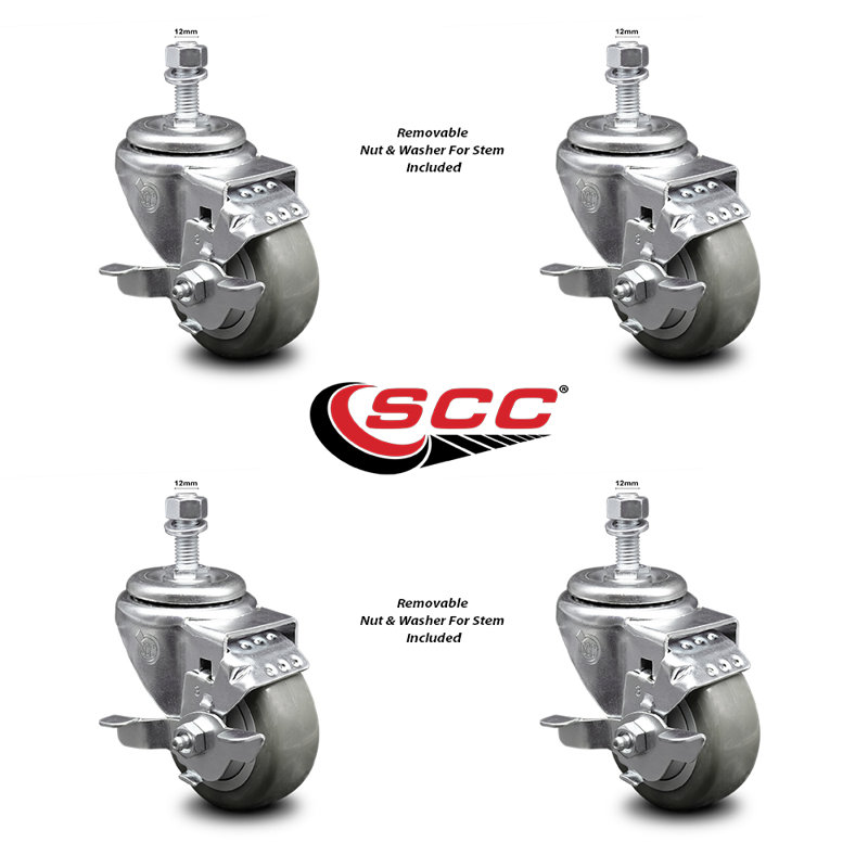 Ensemble de roulettes à tige filetée en polyuréthane pivotant 12 mm 3 pouces avec frein SCC, Vert