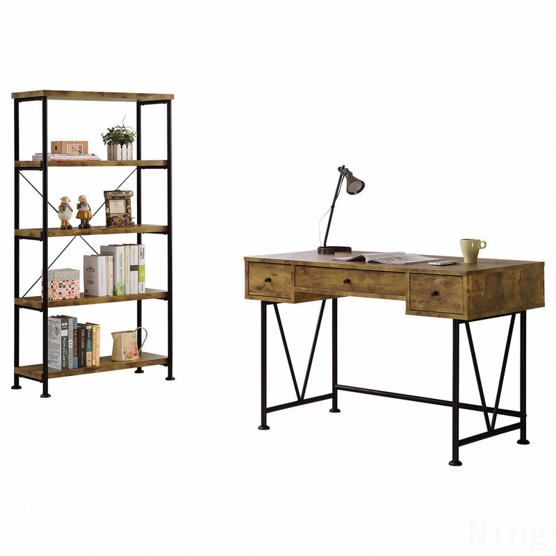Bureau d'ordinateur et bibliothèque 2 pièces, muscade rustique