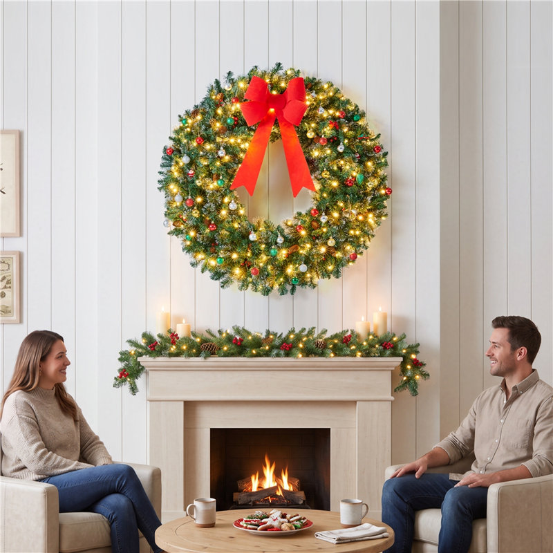 Couronne de Noël artificielle givrée pré-éclairée, 48 po