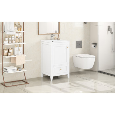 Meuble-lavabo de 20 po de couleur blanche, lavabo en céramique, porte à fermeture en douceur, support de rangement, tiroir, planche, finition peinte, style moderne, lavabo encastré encastré simple de 20 po avec forme rectangulaire,