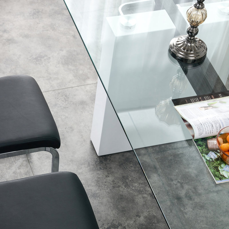 Table de salle à manger minimaliste avec plateau en verre trempé et support blanc, peut accueillir 6 à 8 personnes