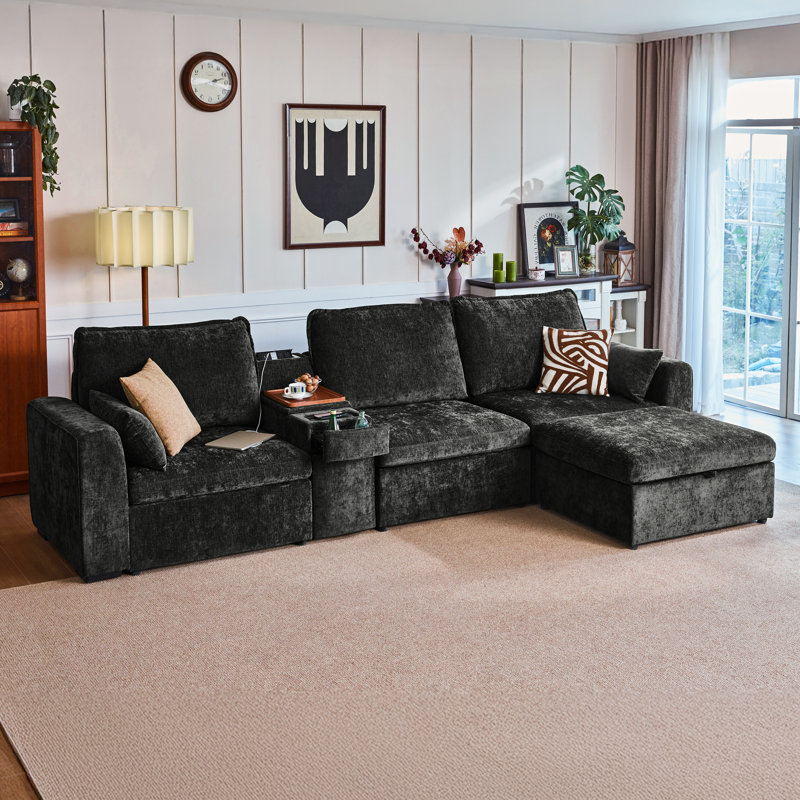 Canapé modulaire surdimensionné en chenille à 4 places Olar avec console polyvalente et table d'appoint convertible avec porte-gobelet