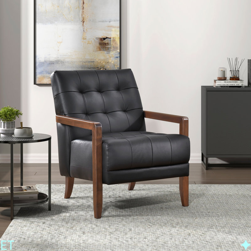 Chaise d'appoint en cuir de style moderne et capitonnée avec détails en bois et finition noyer, Vert